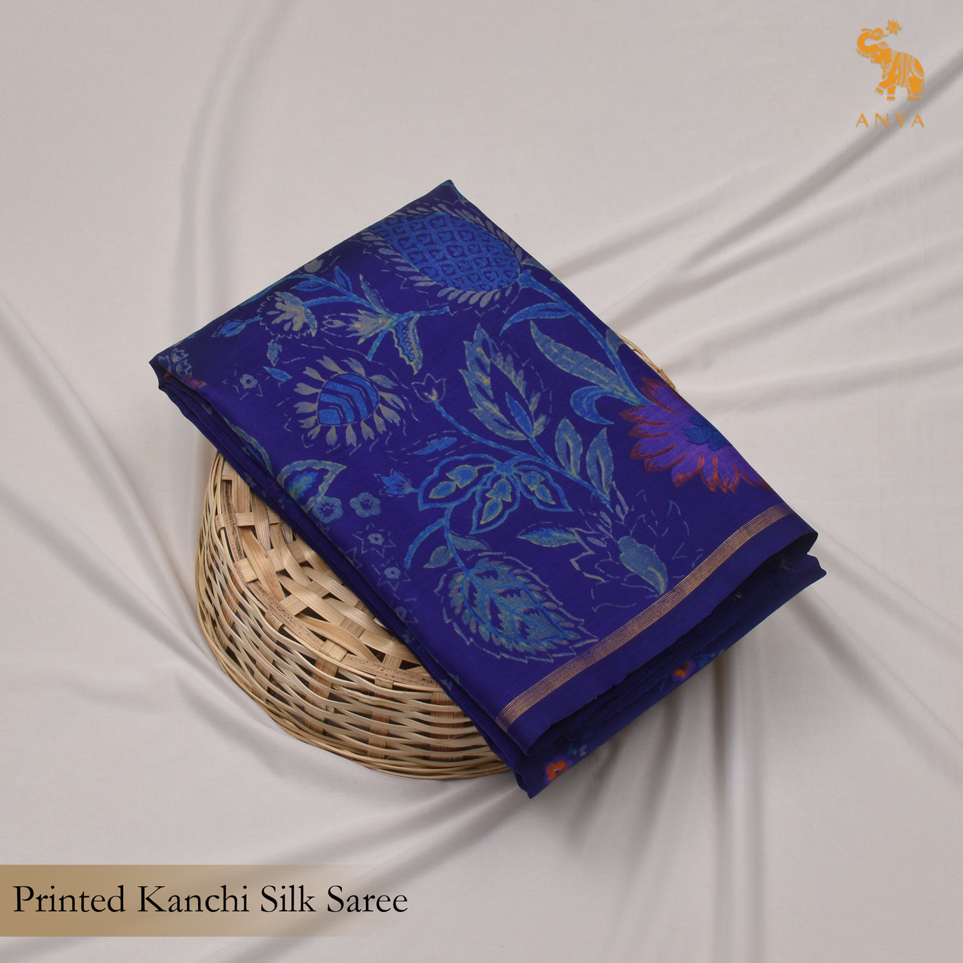 Ms Blue Printed Kanchi Silk Saree with Floral Print Design