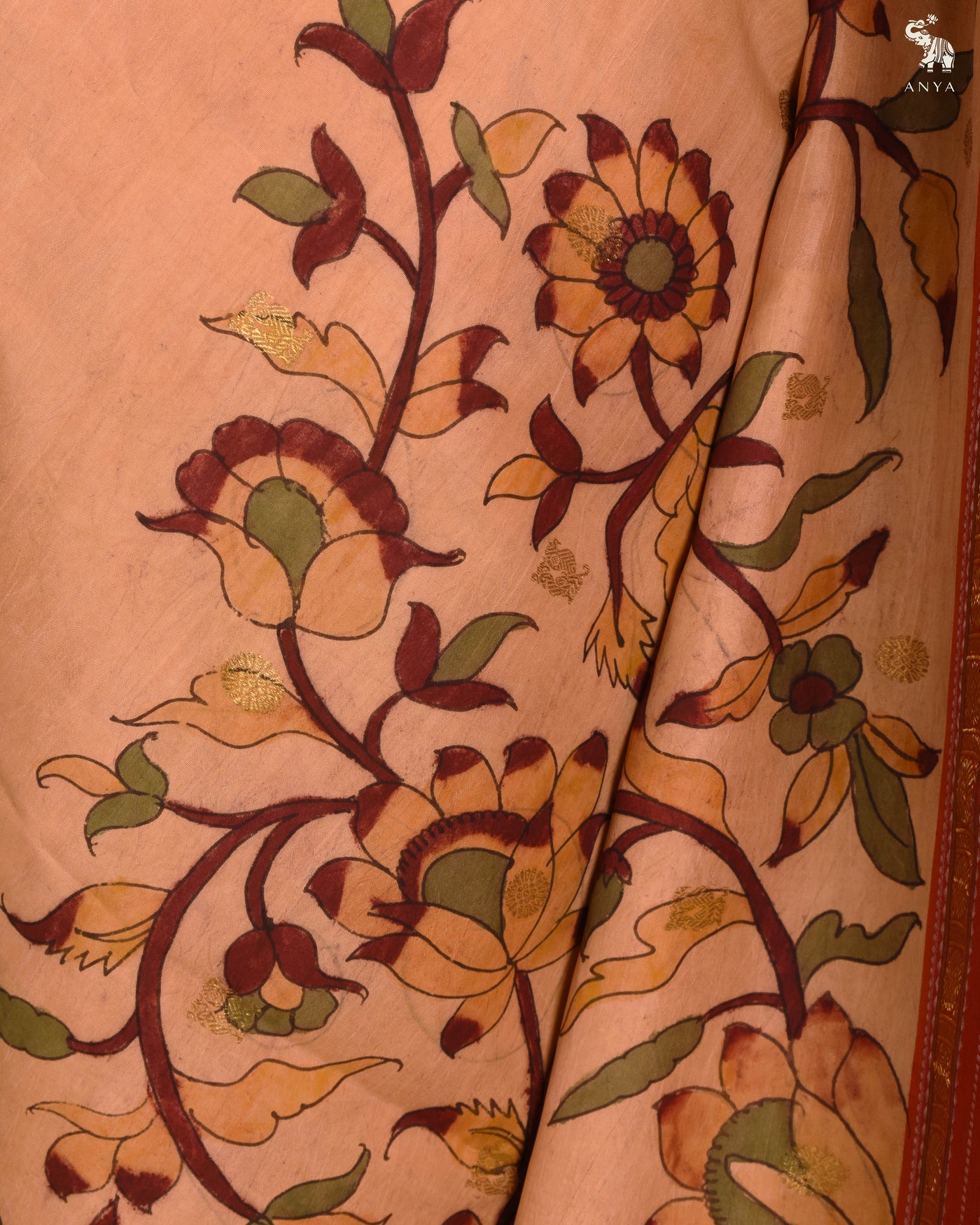 Sandal Pen Kalamkari Kanchi Silk Saree with Creeper Design