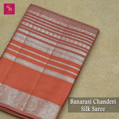 Rust Banaras Chanderi Silk Saree with Horizontal Stripes Design