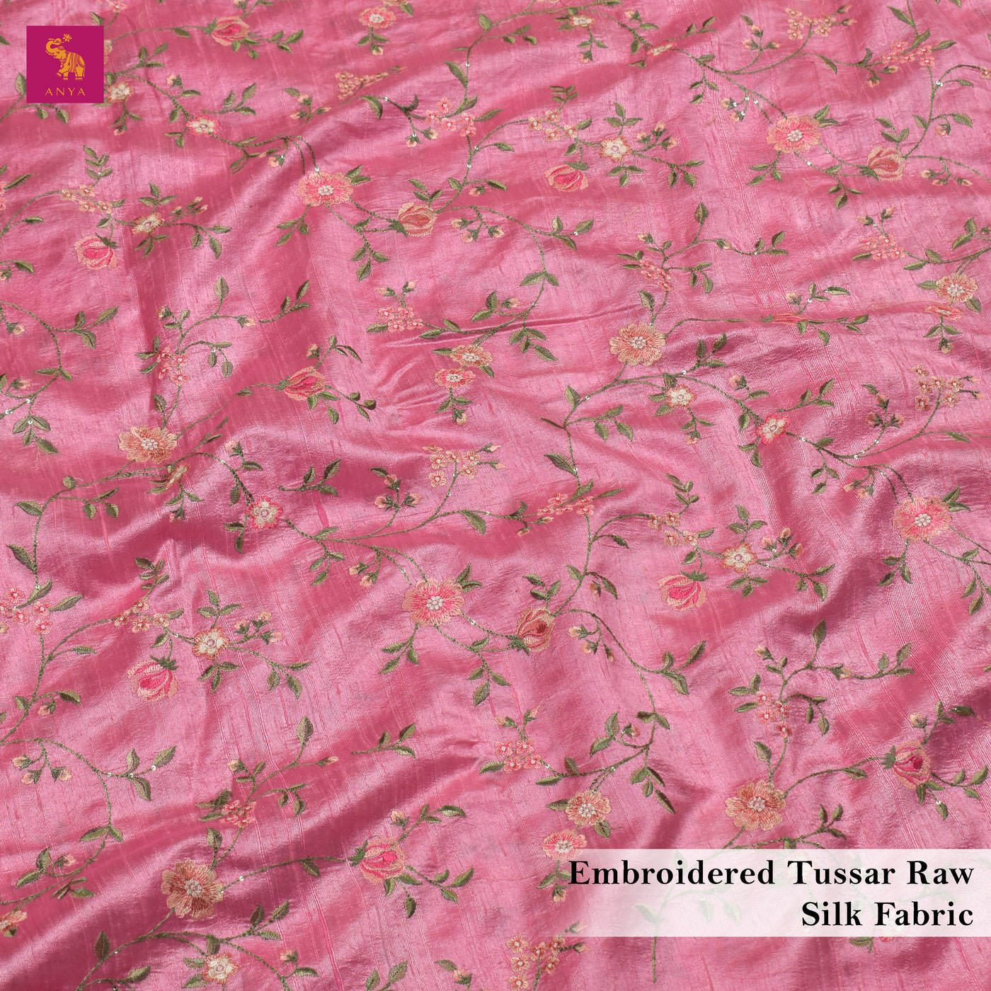 Lotus Pink Tussar Raw Silk Fabric with Floral Creeper Embroidery Design