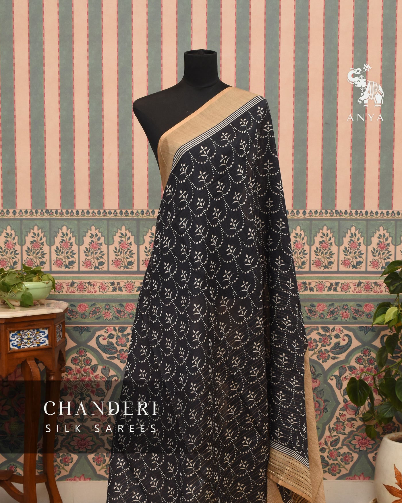 Black Chanderi Saree with Floral Print Design