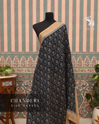 Black Chanderi Saree with Floral Print Design