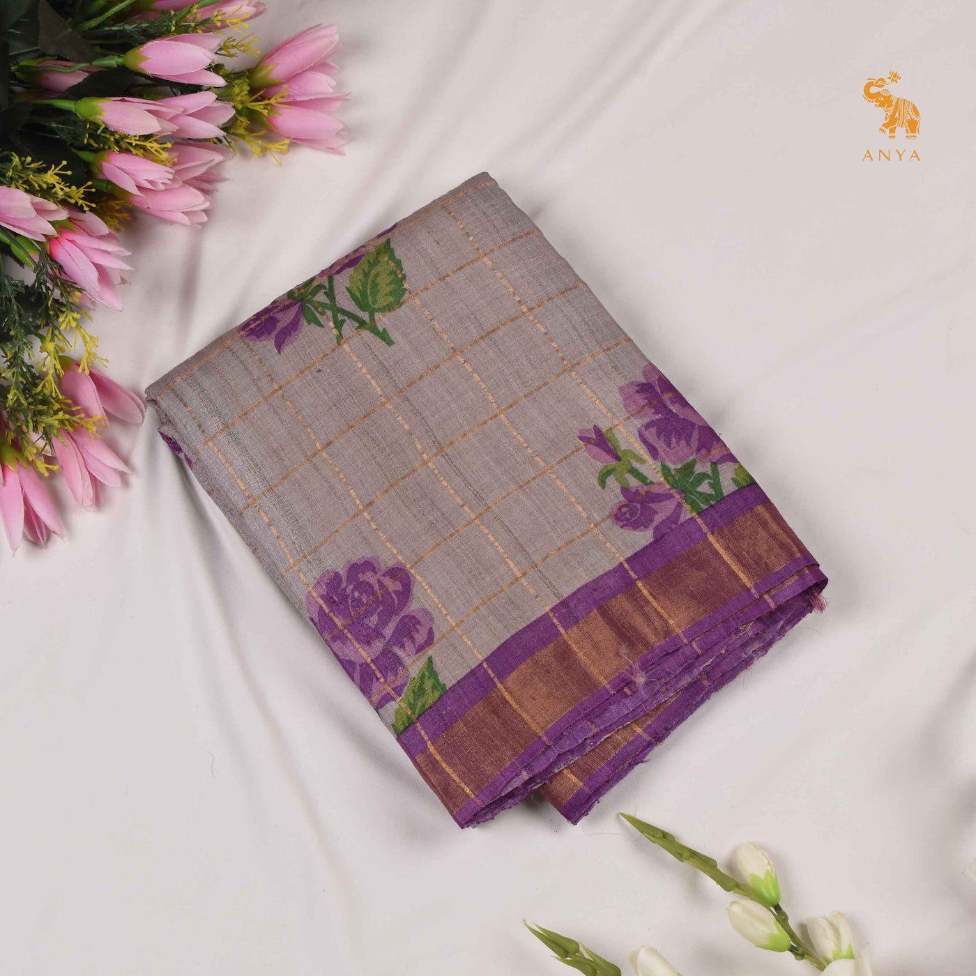 Grey Tussar Silk Saree with Floral Print and Zari Kattam Design