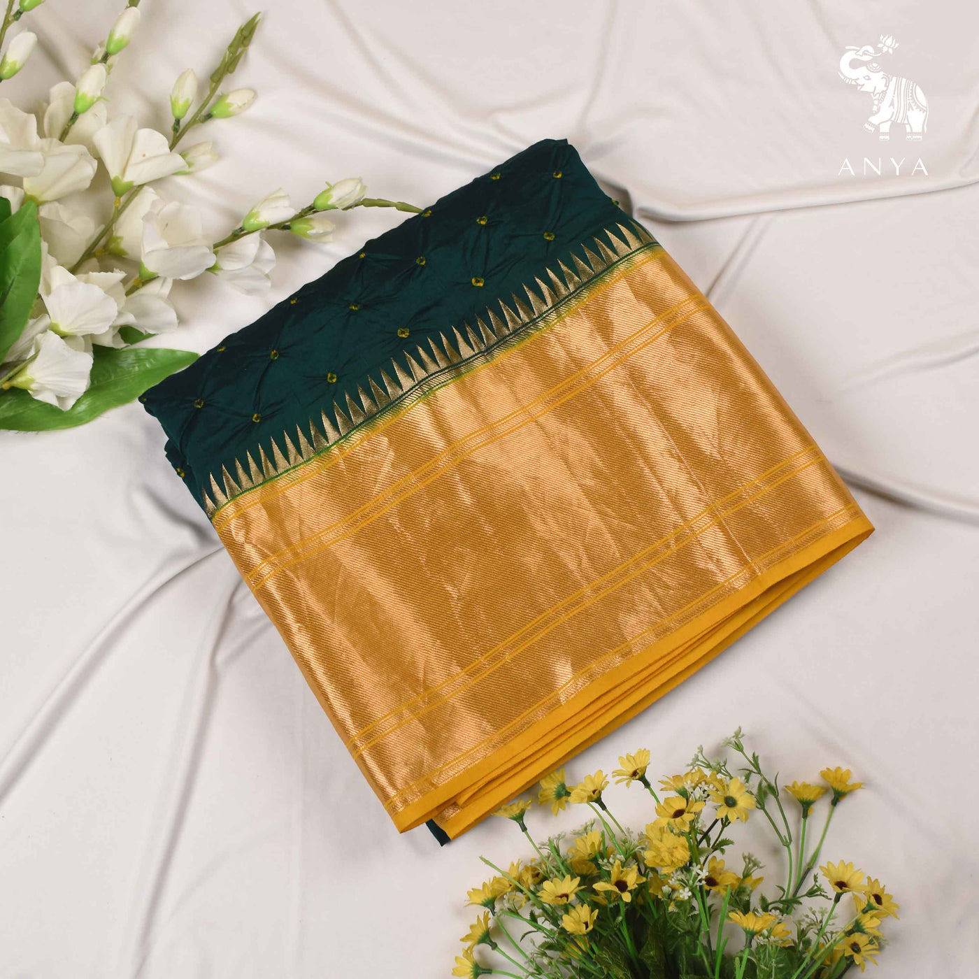 Green Bhandhini Silk Fabric with Mustard Border Design