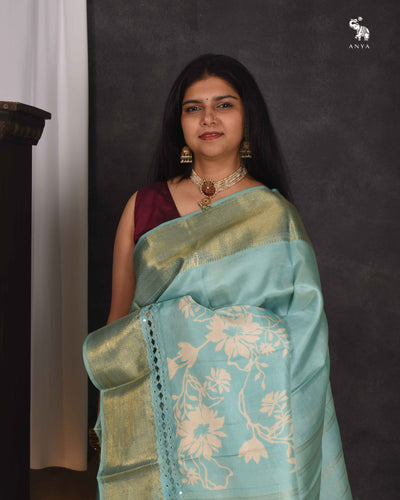 Blue Floral Printed Kanchi Silk Saree with Cut Work Design