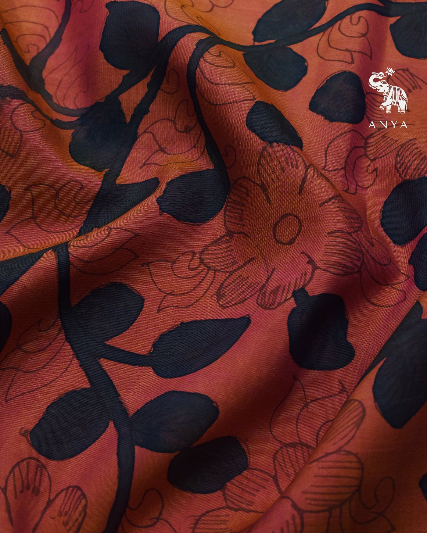 Rust Dual Tone Pen Kalamkari Kanchi Silk Fabric