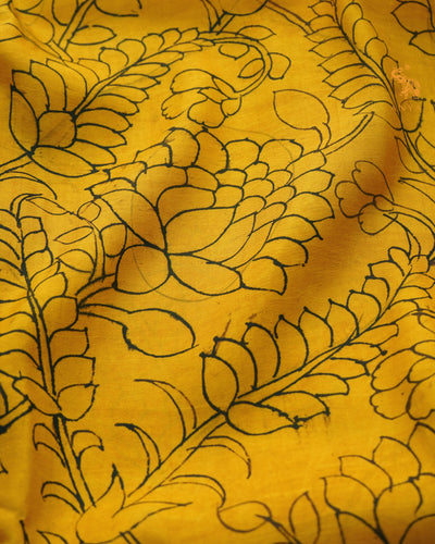 Mustard Pen Kalamkari Kanchi Silk Saree