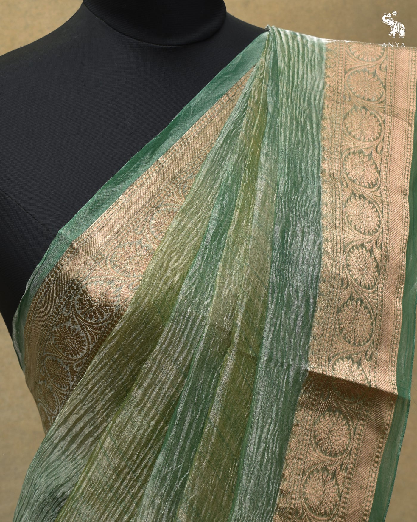 Apple Green Multicolour Tissue Saree with Crush Tissue Pallu