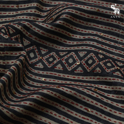 Black with Red Tussar Silk Saree with Kantha Work Design