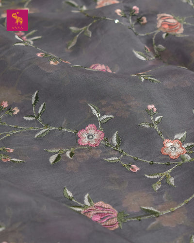 Grey Organza Fabric with Floral Embroidery Sequins Design