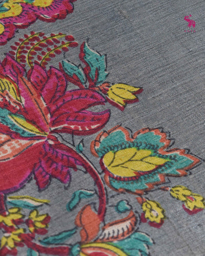 Grey Tussar Silk Saree with Floral Printed Design