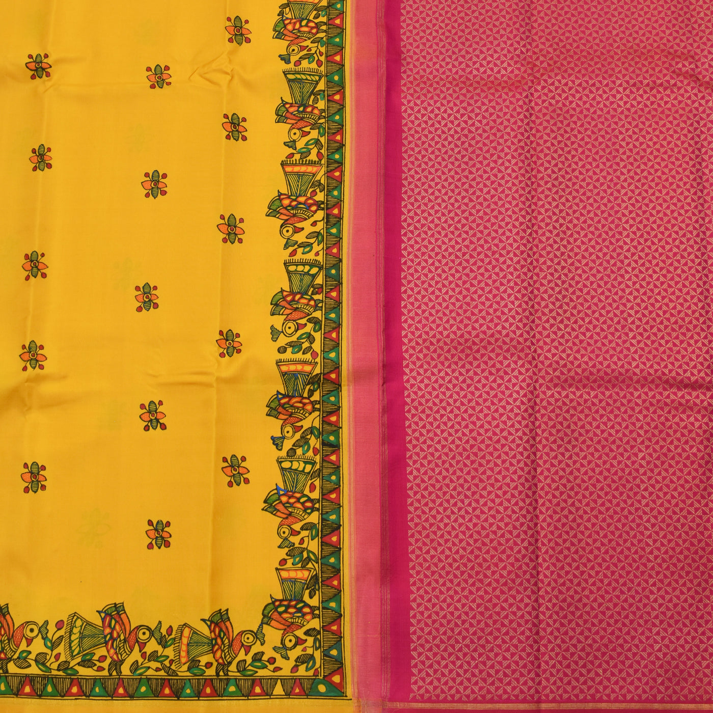 Mustard Madhubani Kanchi Silk Saree with Rani Pink Getti Self Pallu and Blouse