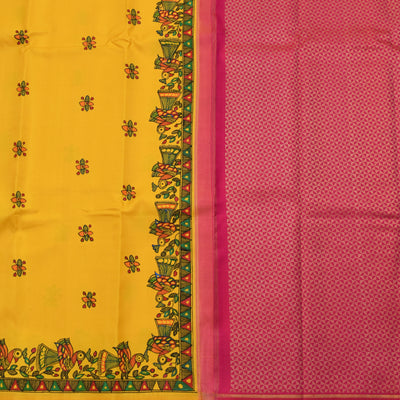 Mustard Madhubani Kanchi Silk Saree with Rani Pink Getti Self Pallu and Blouse