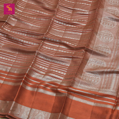 Rust Banaras Chanderi Silk Saree with Horizontal Stripes Design