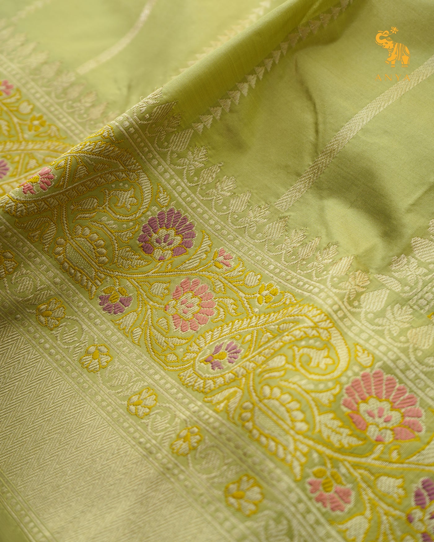 Elaichi Green Banarasi Silk Saree with Zari Stripes Design