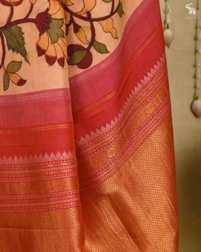 Sandal Pen Kalamkari Kanchi Silk Saree with Creeper Design