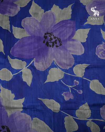 Indigo Blue Tussar Silk Saree with Floral Design