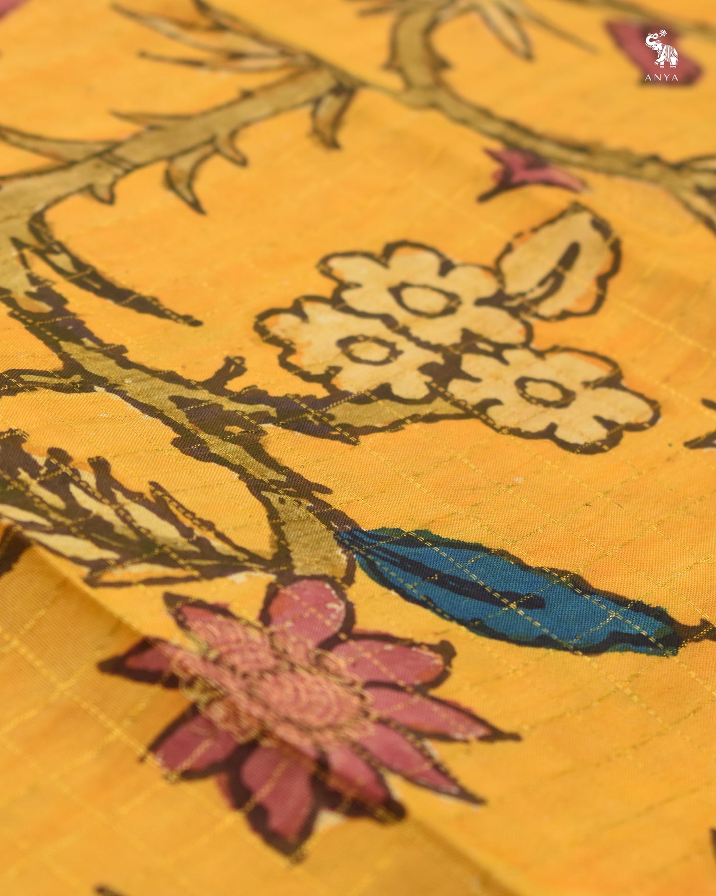 Mustard Pen Kalamkari Kanchi Silk Saree