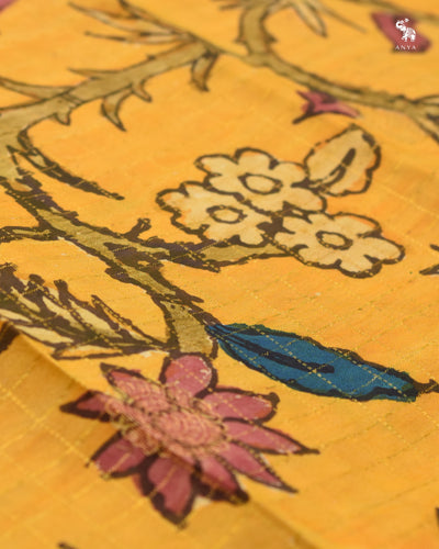 Mustard Pen Kalamkari Kanchi Silk Saree