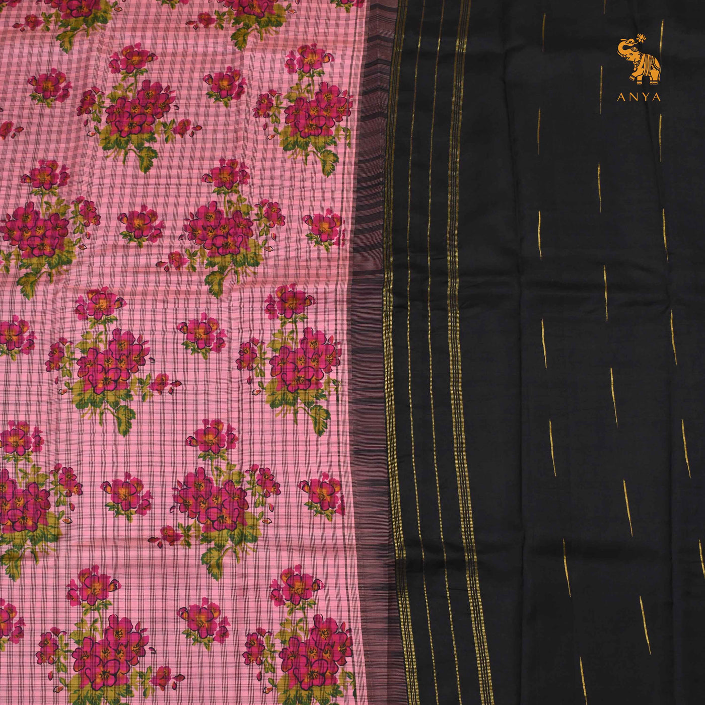 Pink Printed Kanchi Silk Saree with Checks and Floral Print Design
