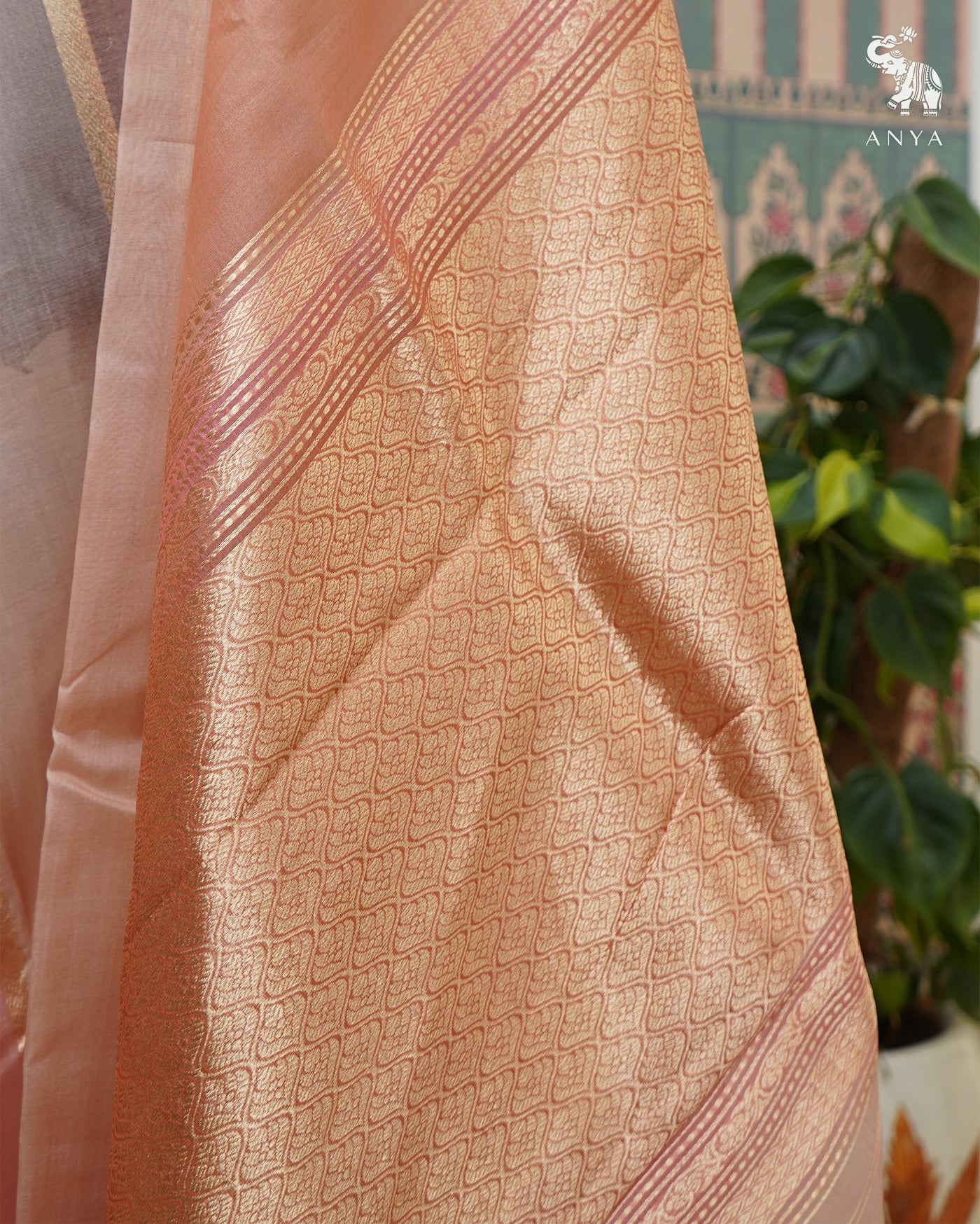 Onion Pink Organza Saree with Horizontal Stripes Design