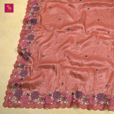 Rust Fancy Tissue Saree with Small Flower Embroidery Design