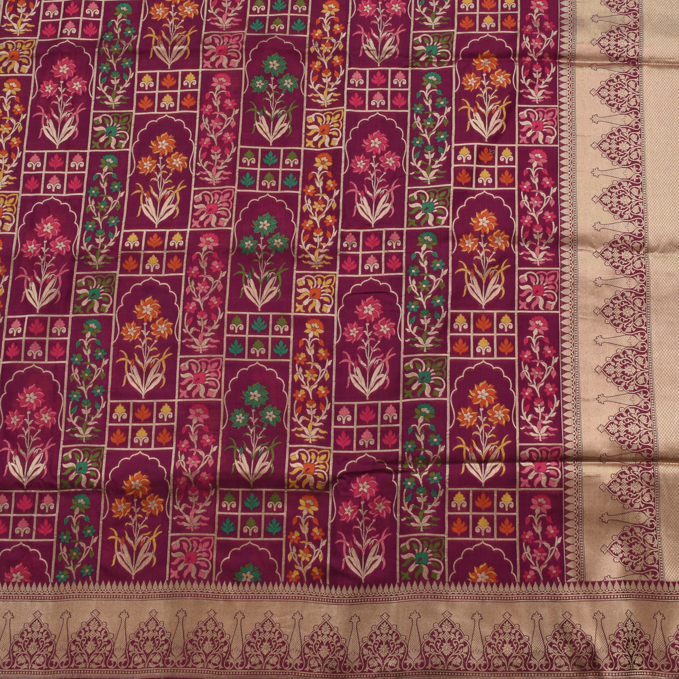 Magenta Banarasi Silk Saree with Floral Creeper Design