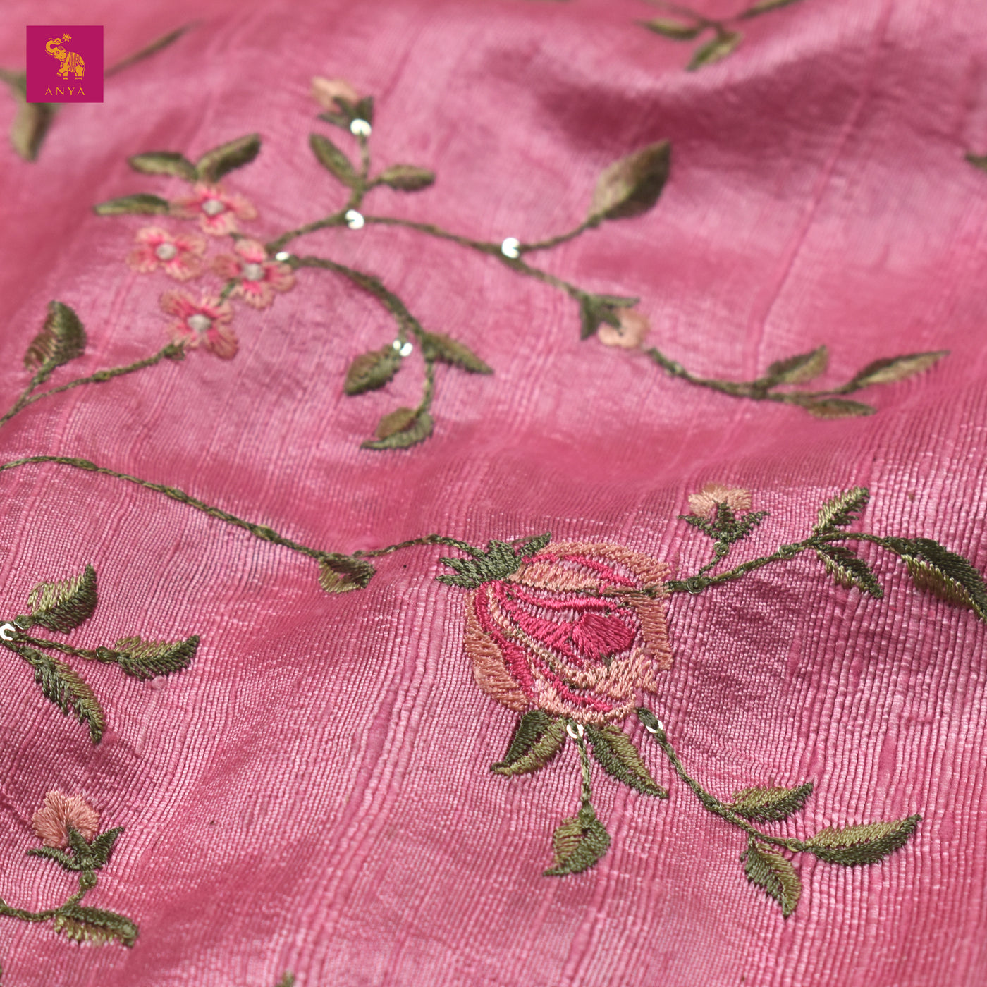 Lotus Pink Tussar Raw Silk Fabric with Floral Creeper Embroidery Design