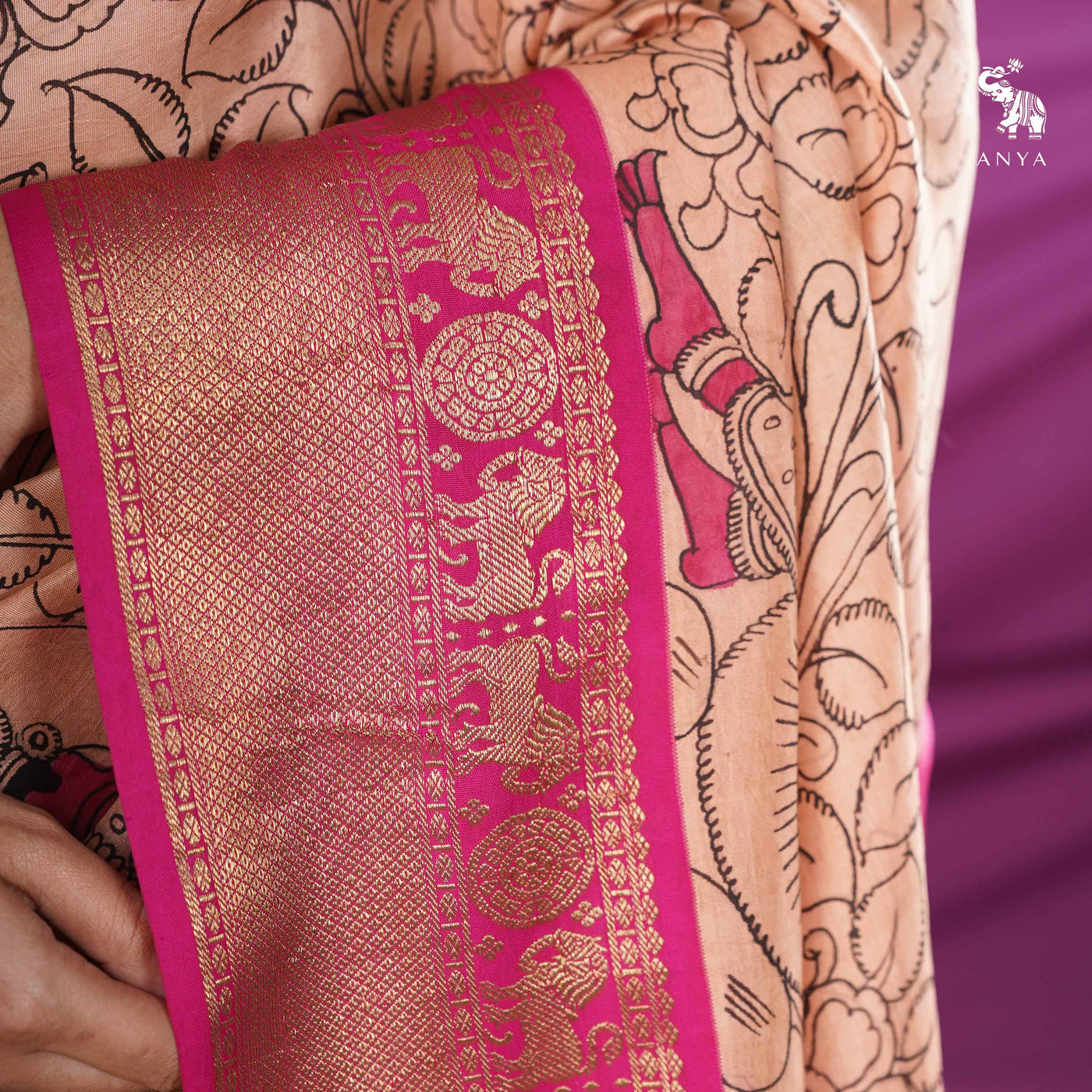 Peach Pen Kalamkari Kanchi Silk Saree with Floral Creeper and Dancing Doll Design