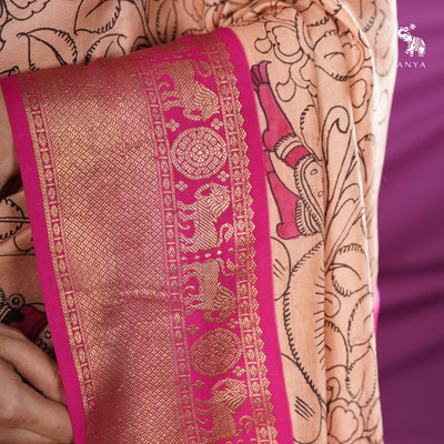 Peach Pen Kalamkari Kanchi Silk Saree with Floral Creeper and Dancing Doll Design