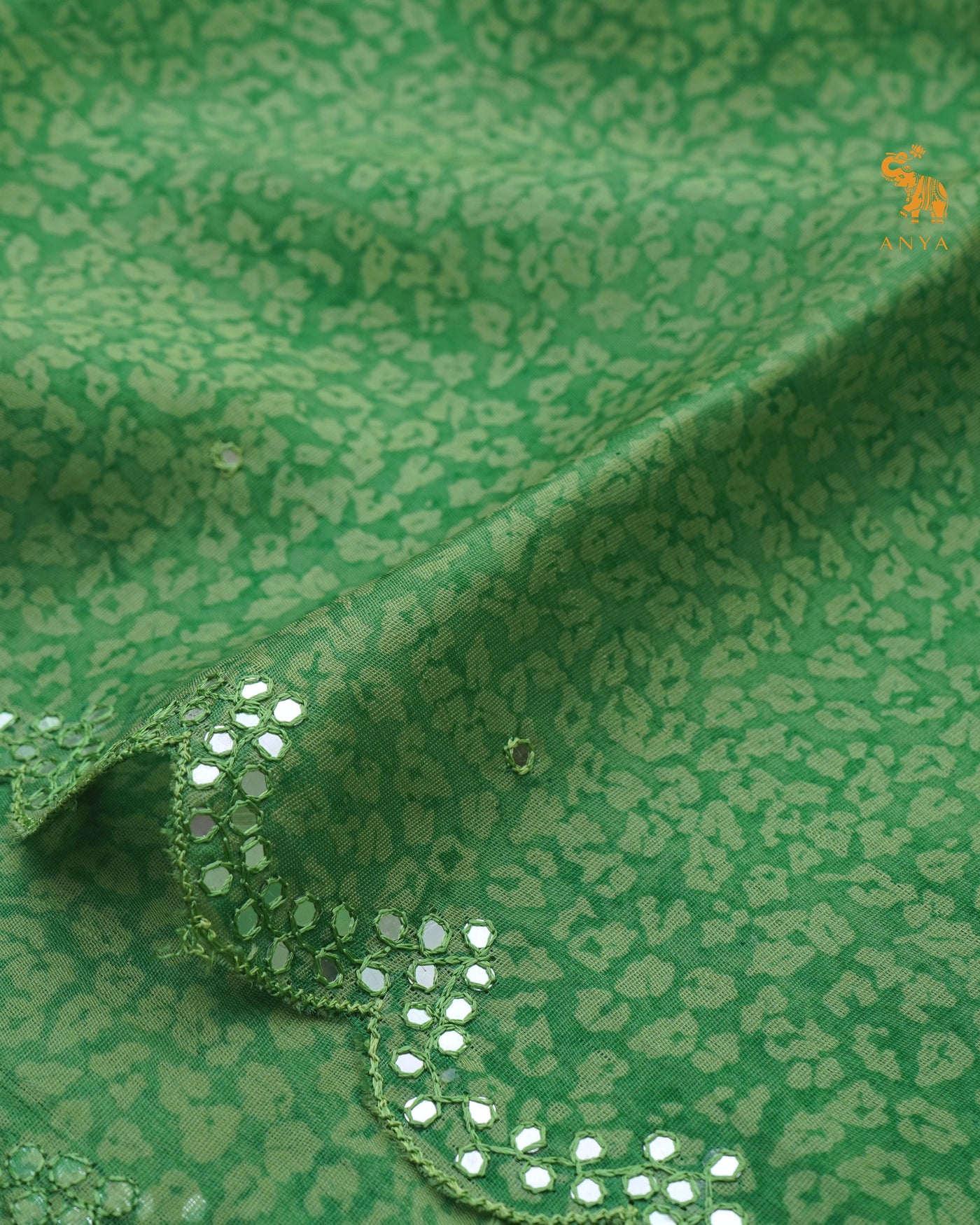 Alli Green Printed Kanchi Organza Silk Saree with Mirror Work Design