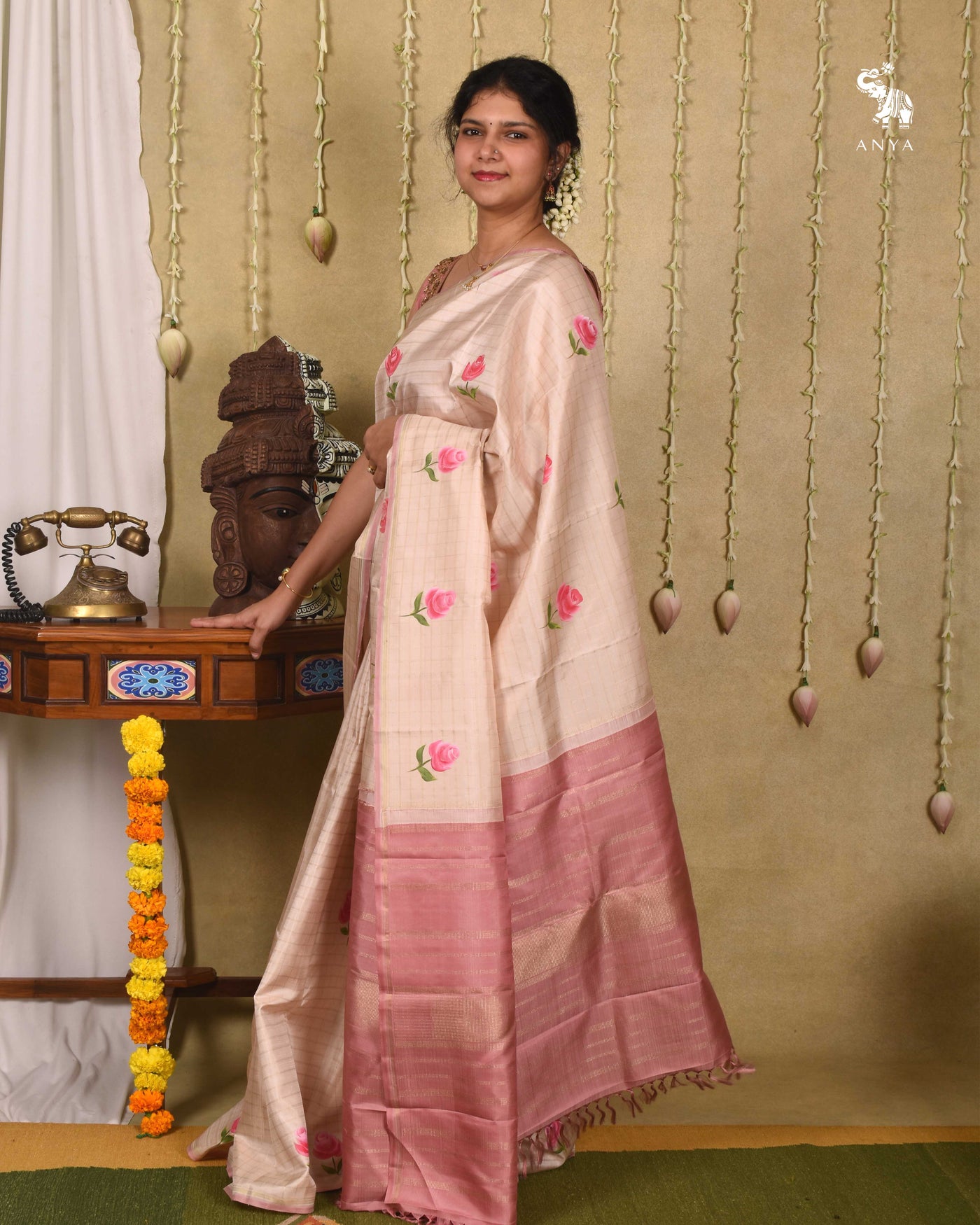 Off White Hand Painted Kanchi Silk Saree