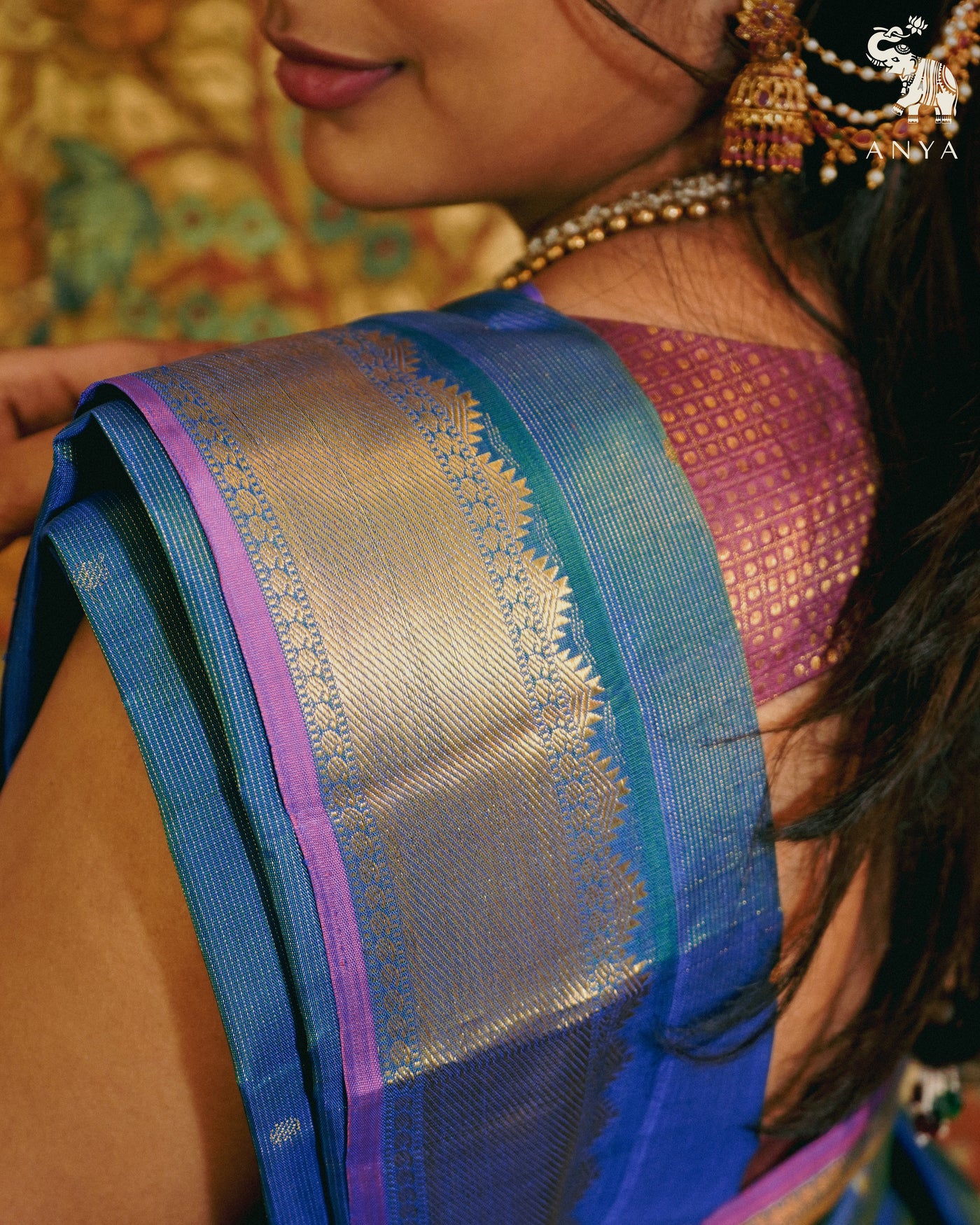 Ink Blue Kanchi Silk Saree with Vairaoosi Lines Butta Design