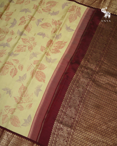 Apple Green Eco Print Kanchi Silk Saree with V Pakku Getti Self Pallu