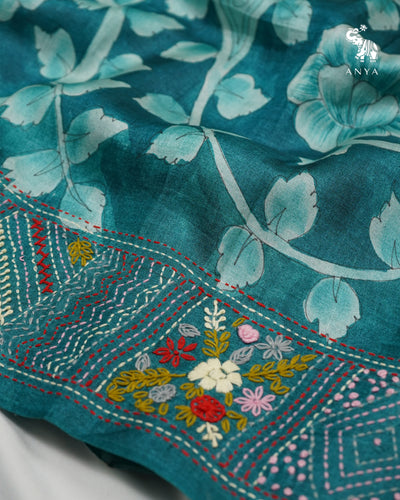 Peacock Blue Tussar Silk Saree with Floral Printed Design