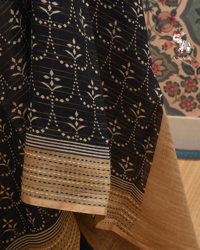 Black Chanderi Saree with Floral Print Design