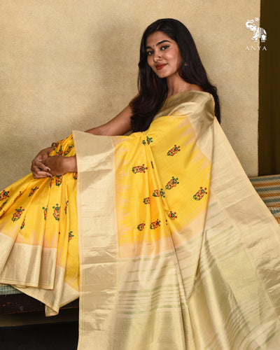 Yellow Madhubani Kanchi Silk Saree with Checks Design