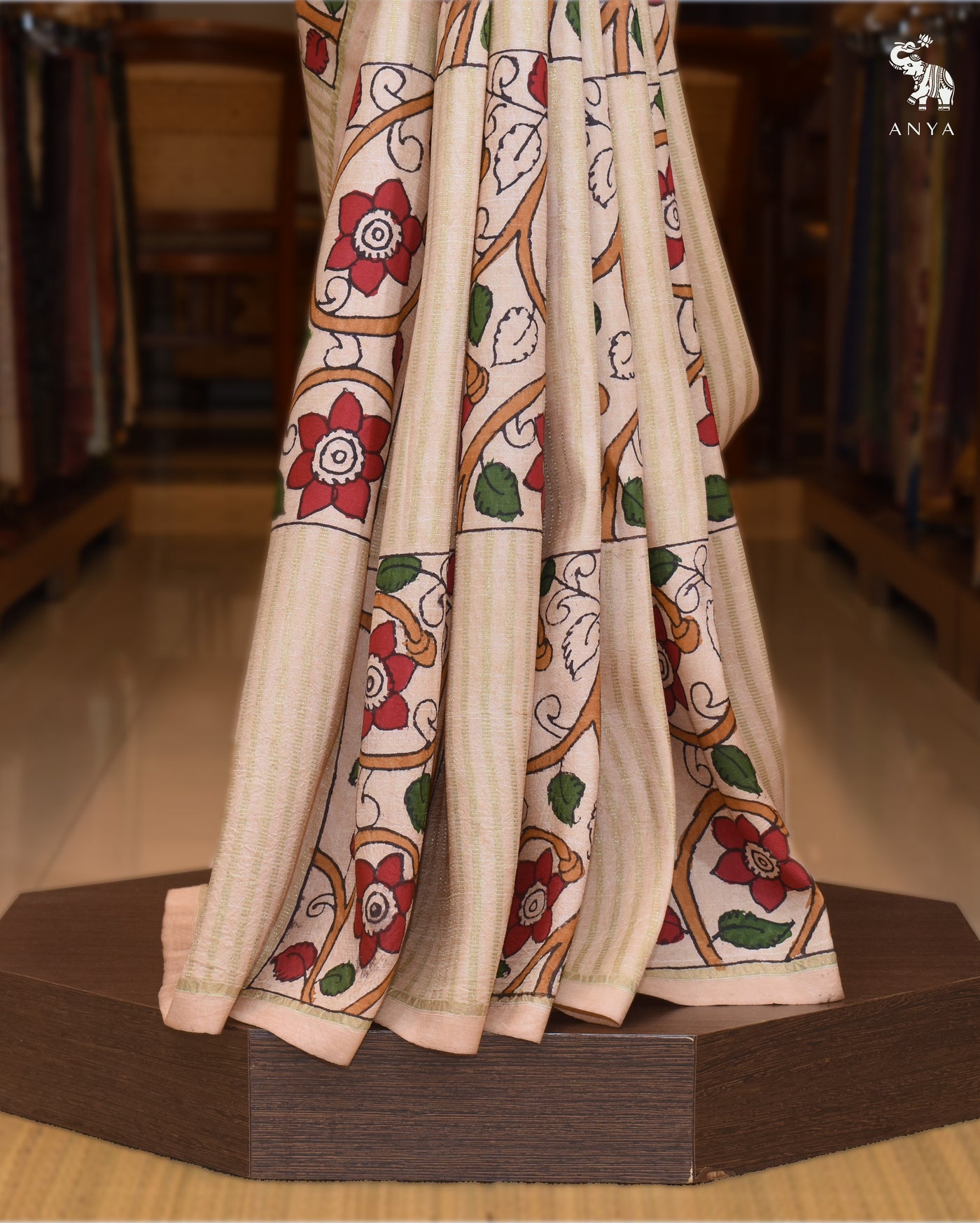 Off White Pen Kalamkari Kanchi Silk Saree