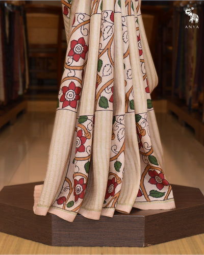 Off White Pen Kalamkari Kanchi Silk Saree