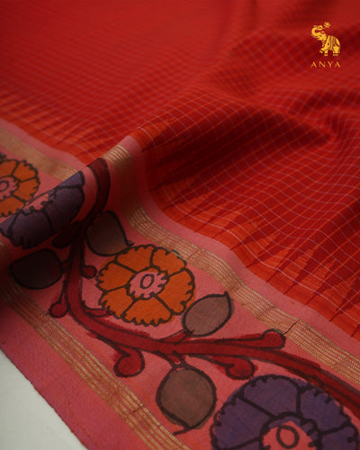 Arakku Thakkali Pen Kalamkari Kanchi Silk Saree