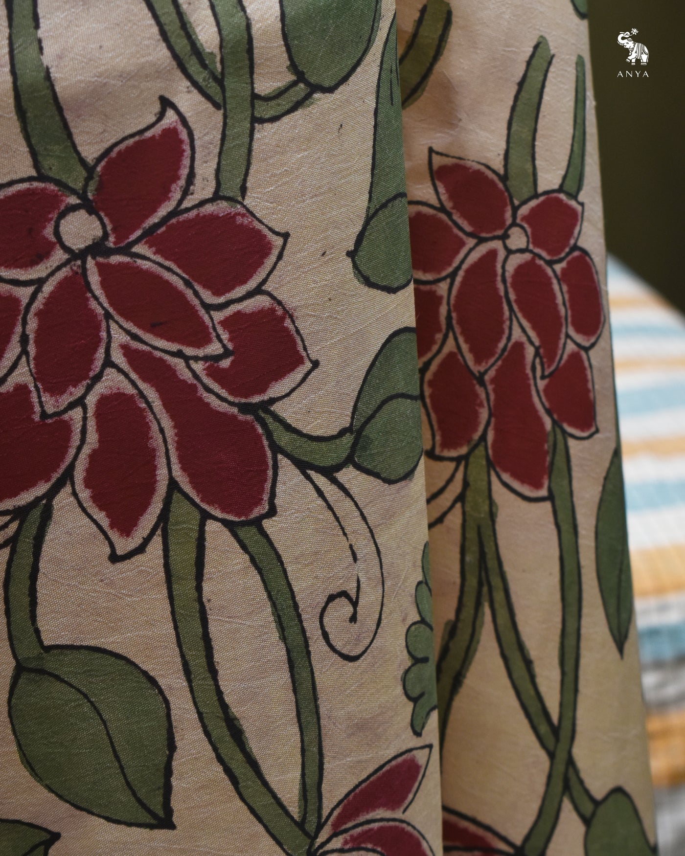 Off White Pen Kalamkari Kanchi Silk Fabric