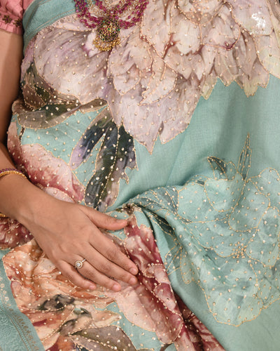 Light Green Chanderi Saree with Kantha Work Design