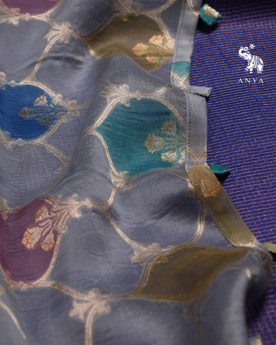 Ms Blue Zari Checks Tussar Silk Saree with Grey Organza Pallu and Blouse
