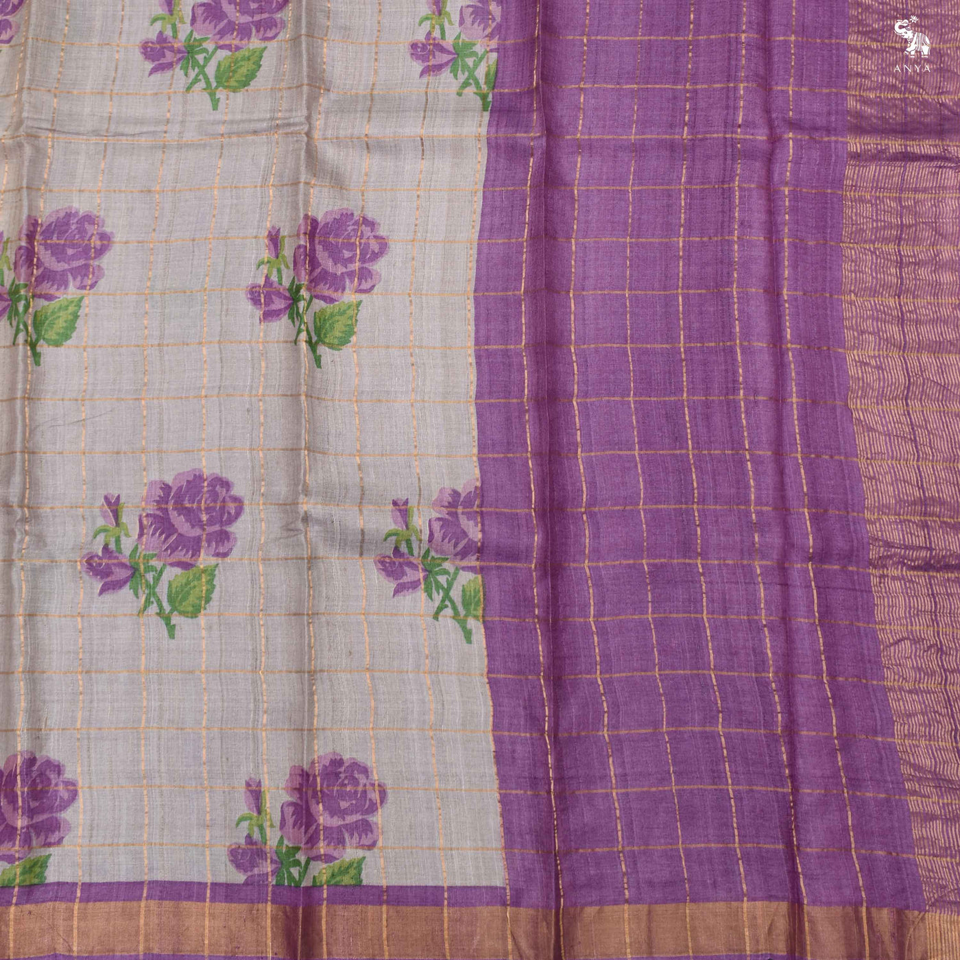 Grey Tussar Silk Saree with Floral Print and Zari Kattam Design