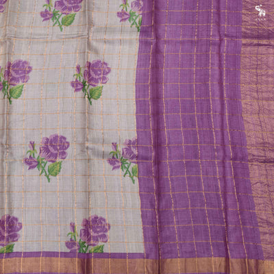 Grey Tussar Silk Saree with Floral Print and Zari Kattam Design
