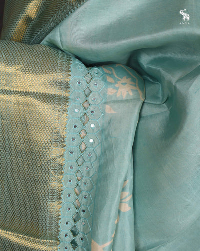 Blue Floral Printed Kanchi Silk Saree with Cut Work Design