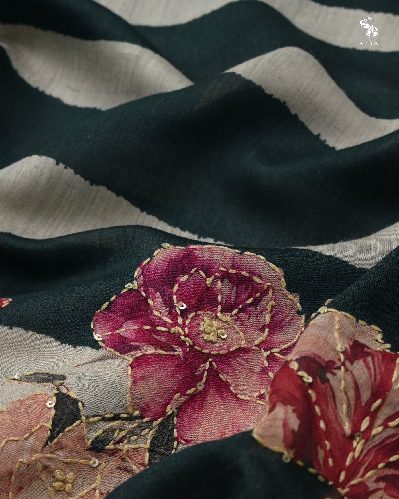 Bottle Green Chanderi Saree with Kantha Work Design