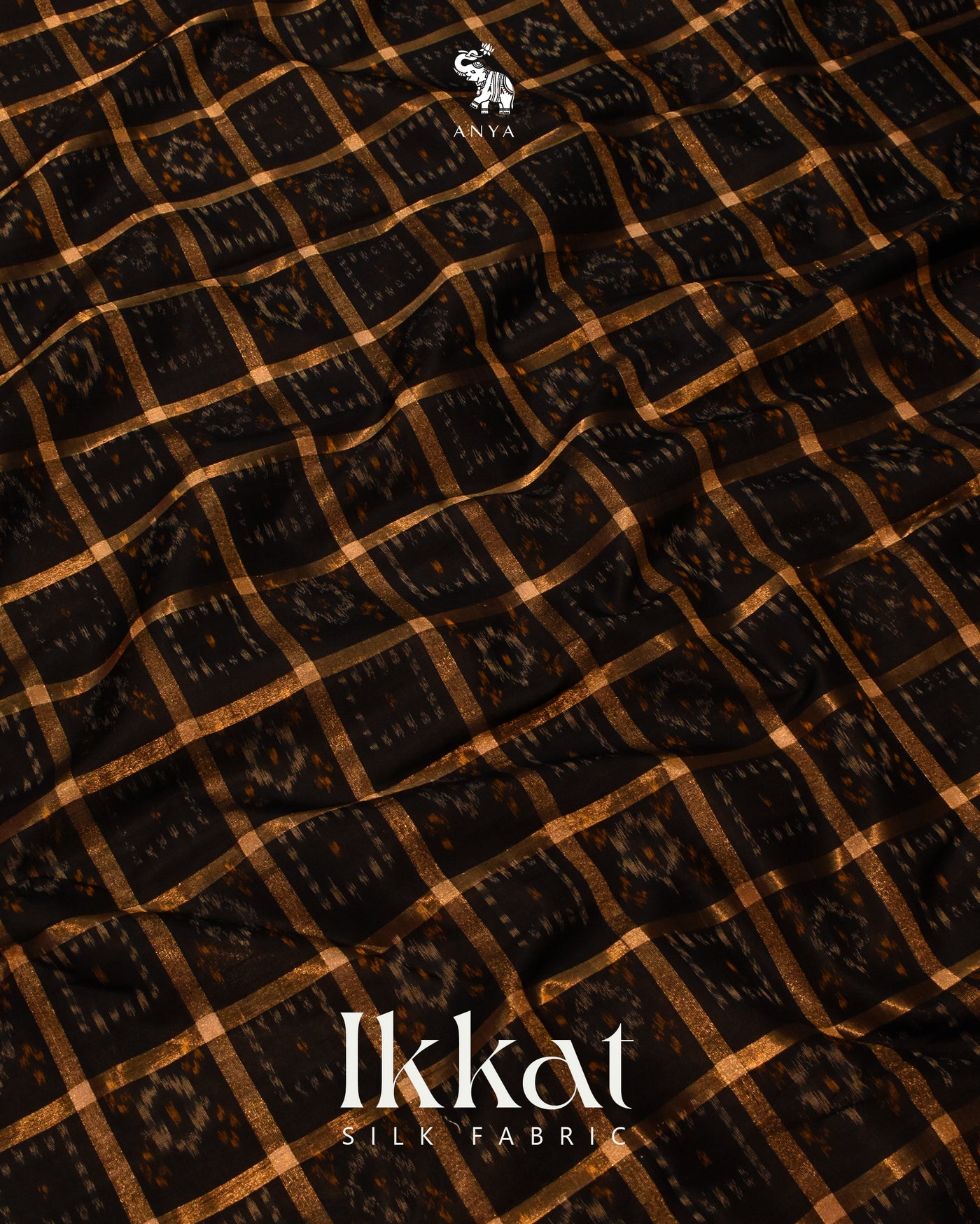 Black Ikkat Silk Fabric with Checks Design