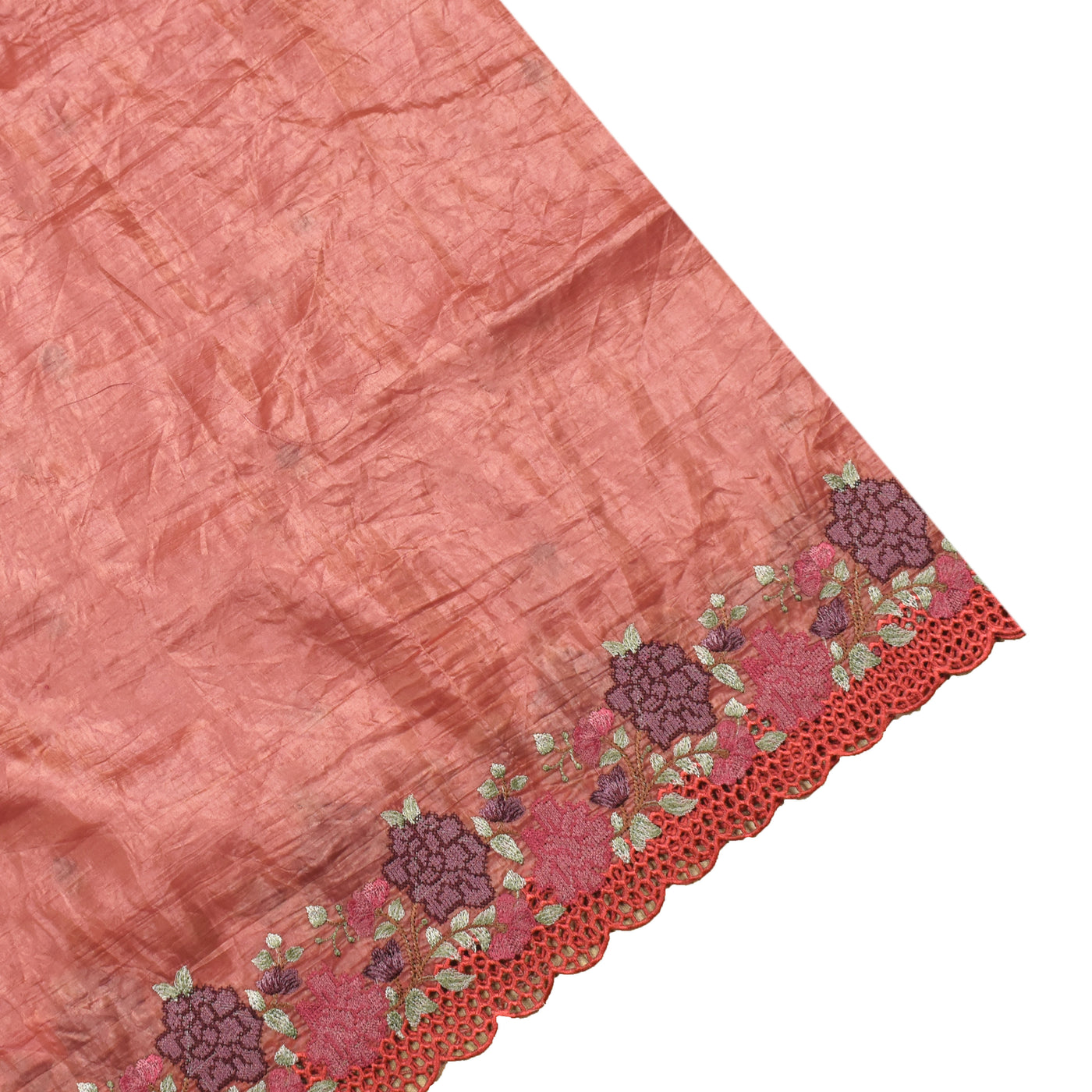 Rust Fancy Tissue Saree with Small Flower Embroidery Design