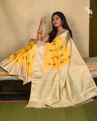Yellow Madhubani Kanchi Silk Saree with Checks Design